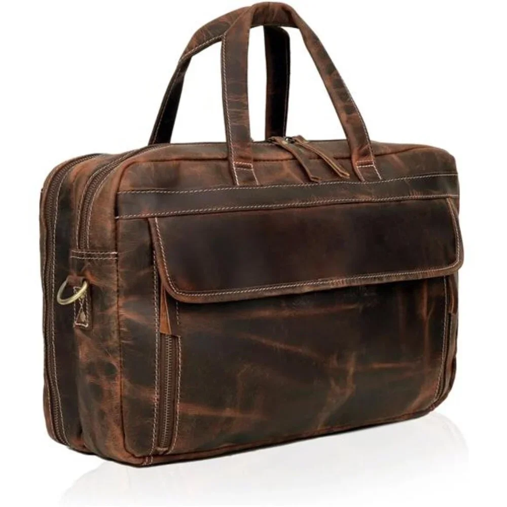 Men's Full Grain Italian Leather Briefcase Laptop Bag with Multiple Compartments